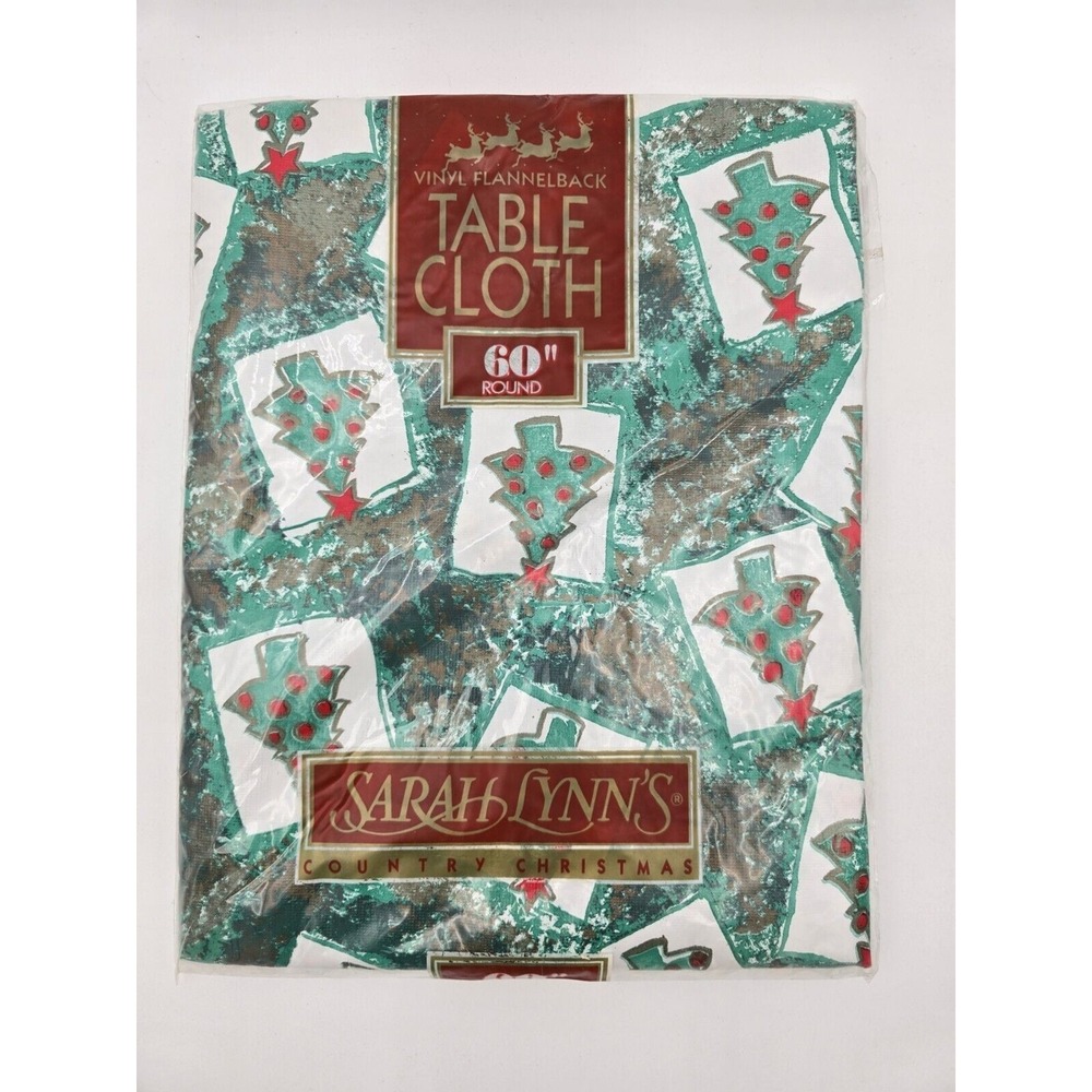 Sarah Lynn's Country Christmas Tree Vinyl Flannel Back Tablecloth 60" Round Vtg